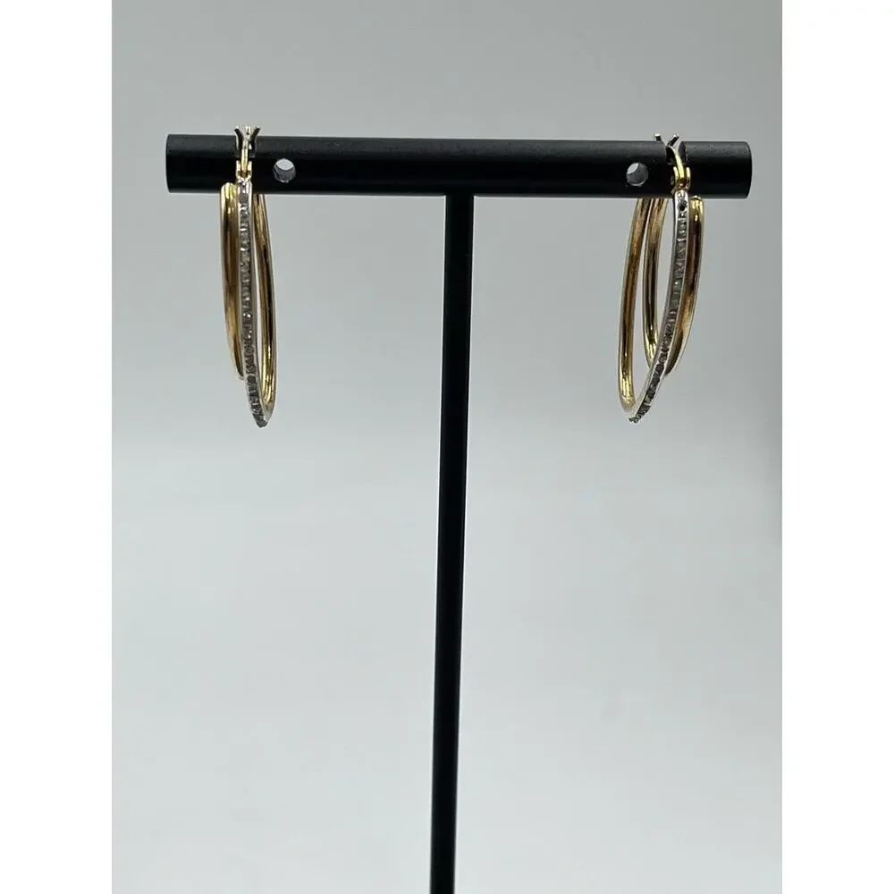 SLC Designer Sterling Silver Vermeil Pave Double‎ Hoop Pierced Earrings